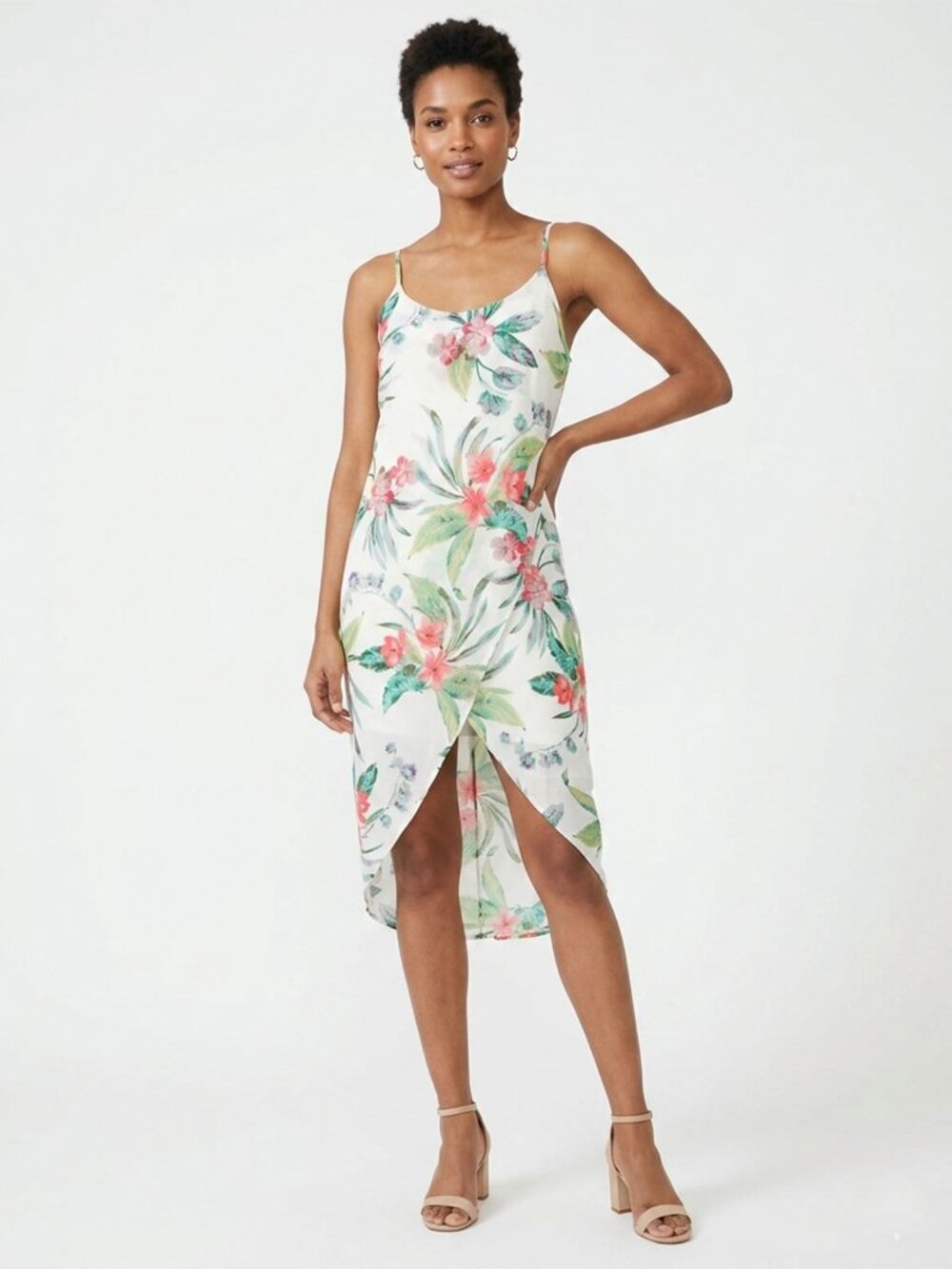 Streetwear Society Tropical Floral Hi-Low Faux Wrap Midi Dress White Green Pink
